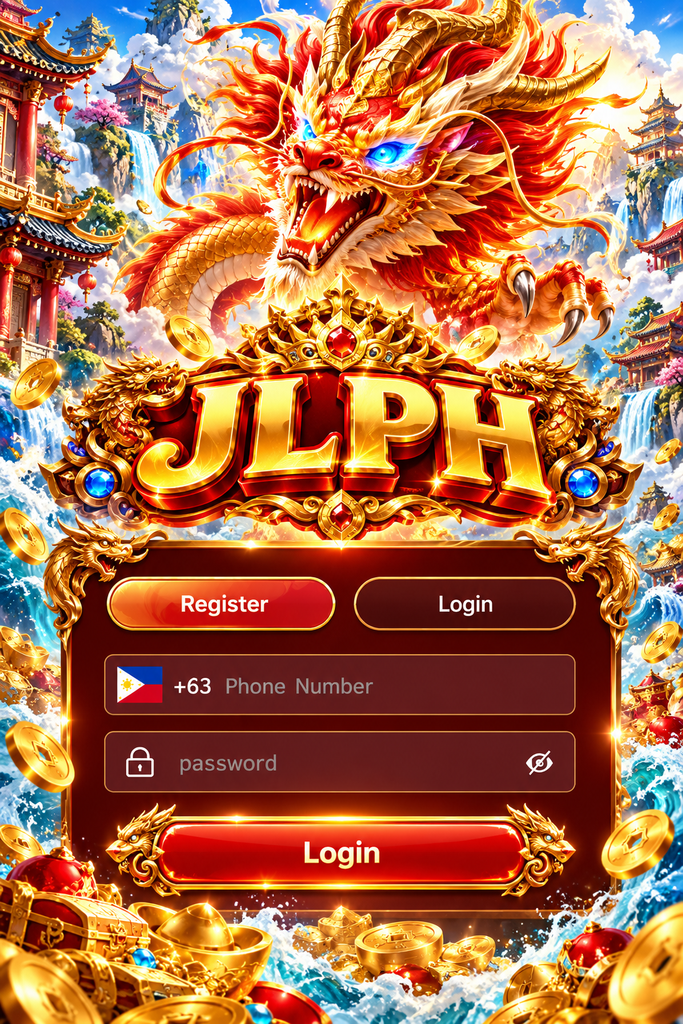 JLPH login with a golden dragon theme featuring pagodas, waterfalls, coins, treasure, and glowing oriental elements
