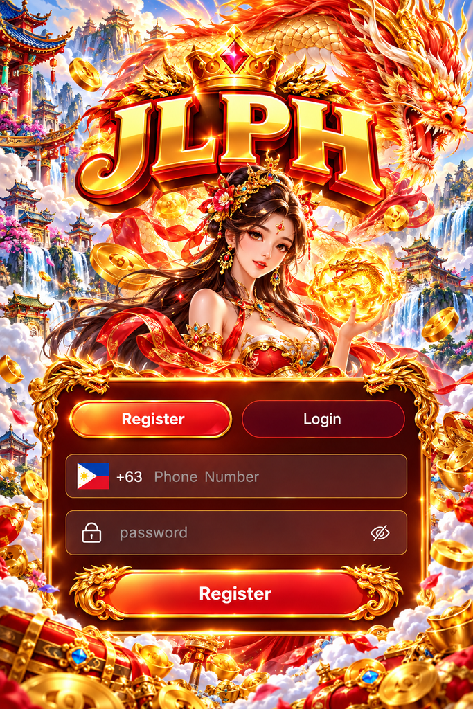 JLPH registration with a golden dragon theme featuring an imperial princess, pagodas, waterfalls, gold coins, and glowing oriental scenery